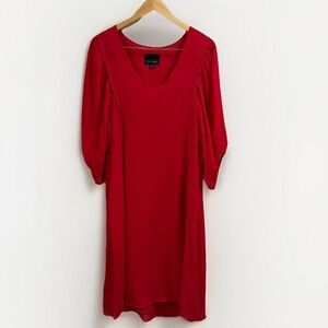 Cynthia Rowley Red 50 Silk Puff Sleeve Midi Dress Vneck Lines Shift Size 8